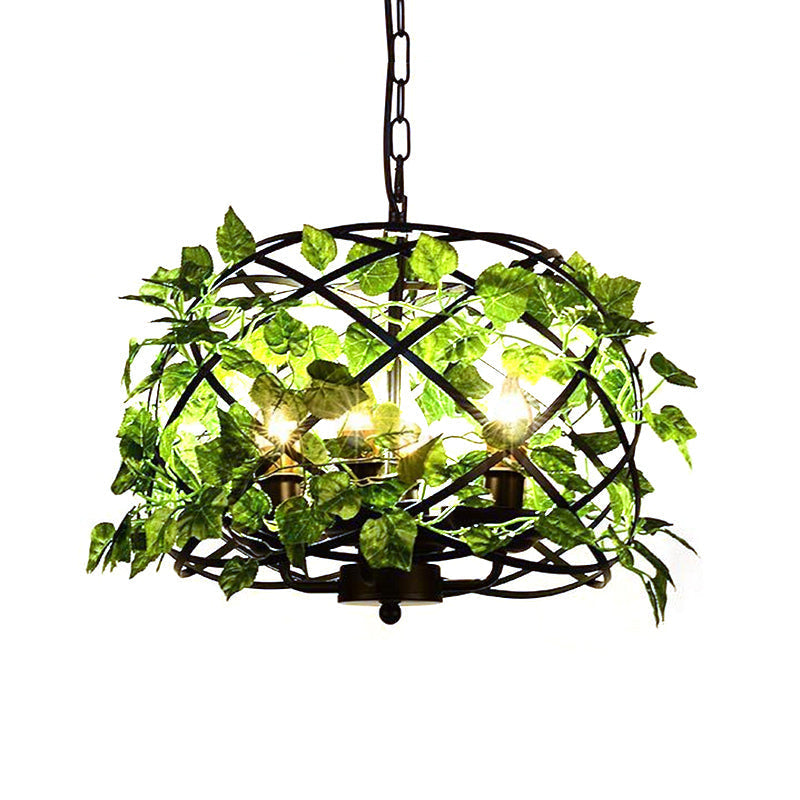 4-Head Plant Pendant Chandelier with Basket/Bowl Iron Cage - Black, Ideal for Rural Restaurants