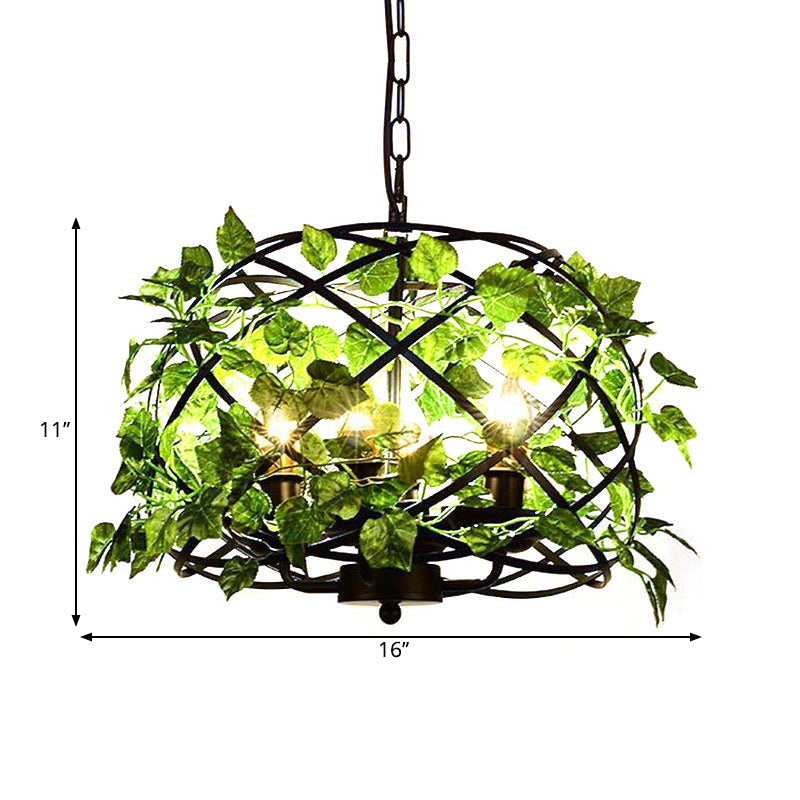 4-Head Plant Pendant Chandelier with Basket/Bowl Iron Cage - Black, Ideal for Rural Restaurants