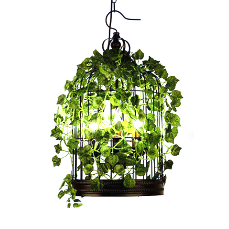 4-Head Plant Pendant Chandelier with Basket/Bowl Iron Cage - Black, Ideal for Rural Restaurants