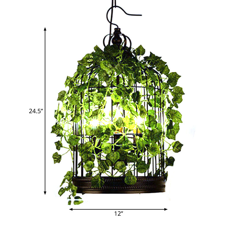 4-Head Plant Pendant Chandelier with Basket/Bowl Iron Cage - Black, Ideal for Rural Restaurants