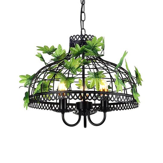 4-Head Plant Pendant Chandelier with Basket/Bowl Iron Cage - Black, Ideal for Rural Restaurants