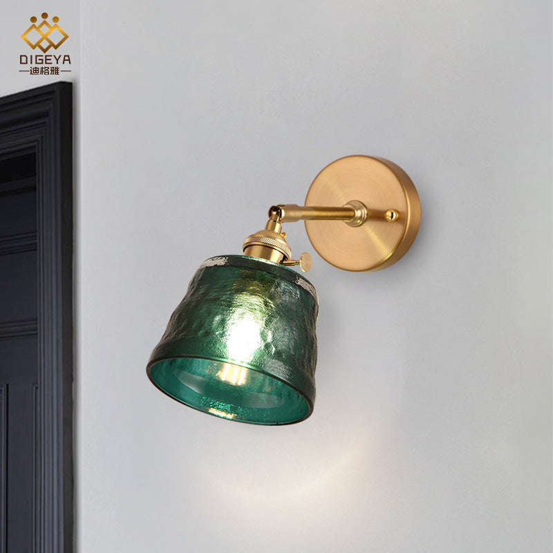 Antiqued Green Brass Wall Sconce With Dimpled Glass Shade And Adjustable Cone