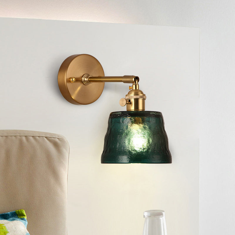 Antiqued Green Brass Wall Sconce With Dimpled Glass Shade And Adjustable Cone