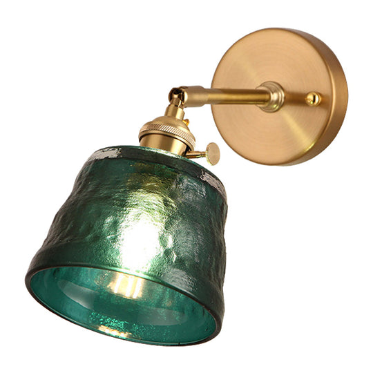 Antiqued Green Brass Wall Sconce With Dimpled Glass Shade And Adjustable Cone