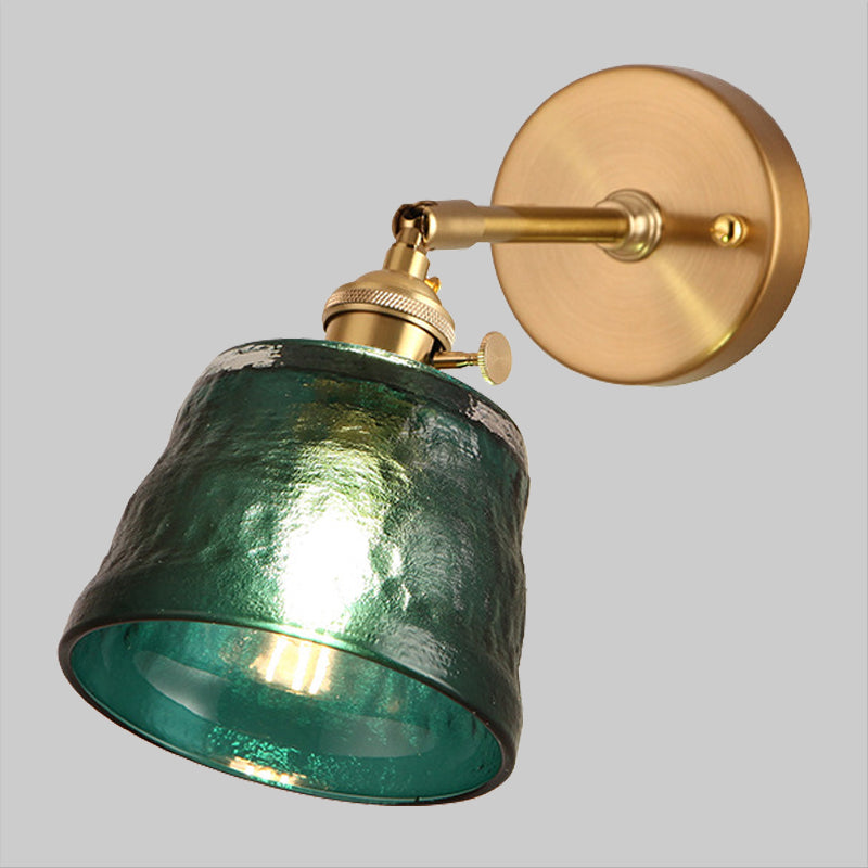 Antiqued Green Brass Wall Sconce With Dimpled Glass Shade And Adjustable Cone