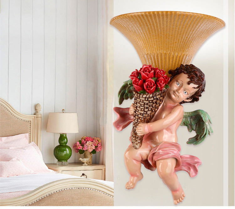 Traditional Boy Holding Rose Resin Wall Sconce Light With Fluted Glass Shade - Yellow