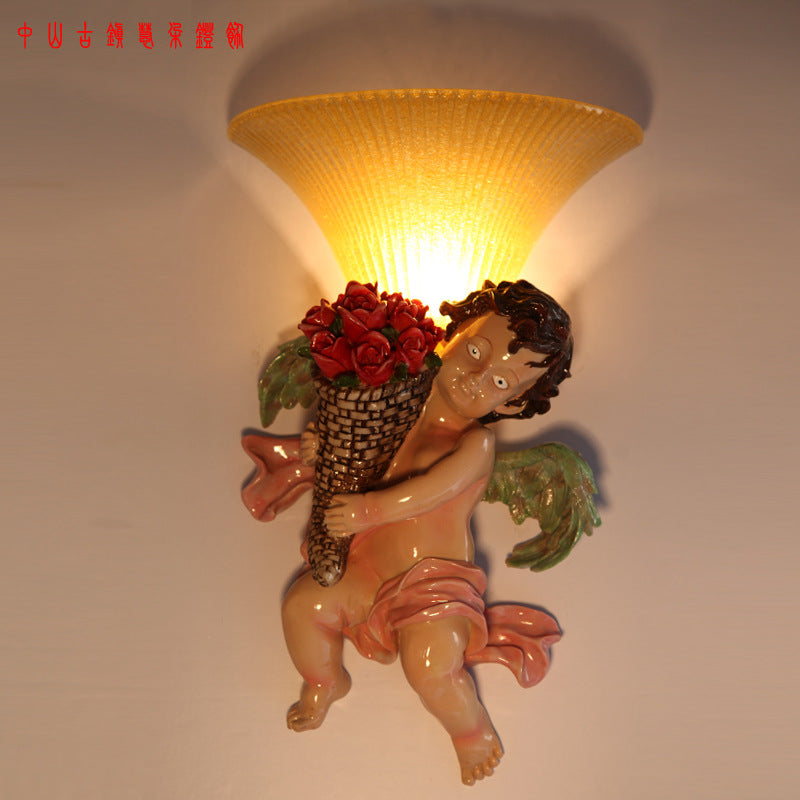 Traditional Boy Holding Rose Resin Wall Sconce Light With Fluted Glass Shade - Yellow