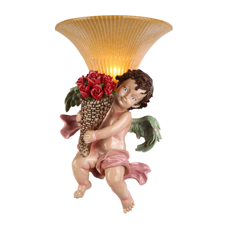 Traditional Boy Holding Rose Resin Wall Sconce Light With Fluted Glass Shade - Yellow