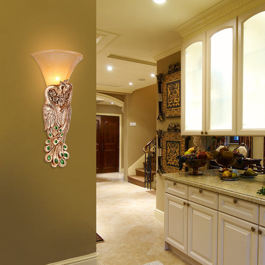 Wall Sconce With Countryside Design And Fluted Amber Glass - Peacock Decor In Gold