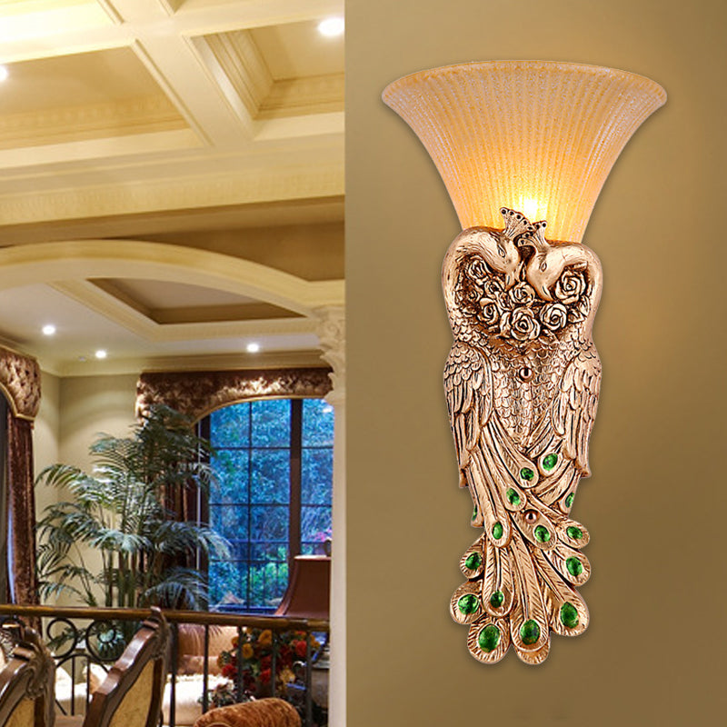 Wall Sconce With Countryside Design And Fluted Amber Glass - Peacock Decor In Gold