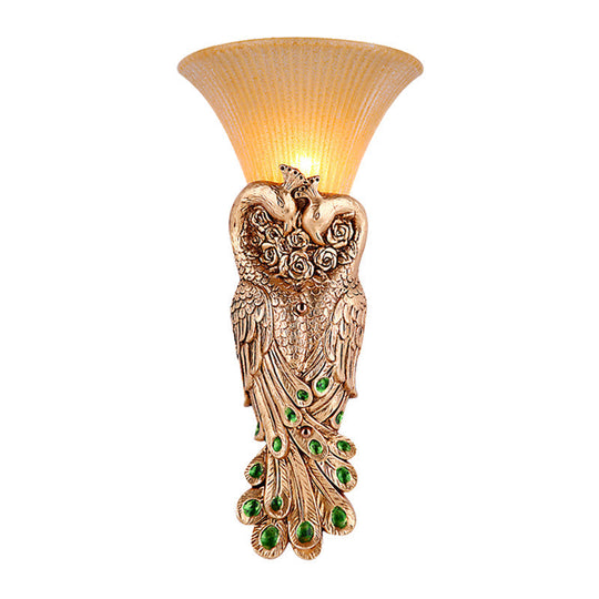 Wall Sconce With Countryside Design And Fluted Amber Glass - Peacock Decor In Gold