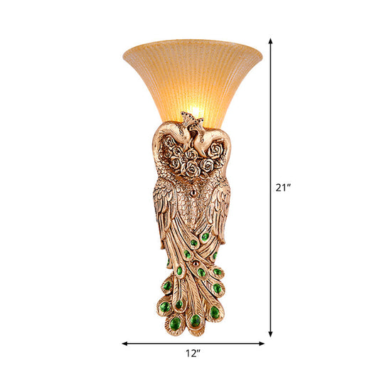 Wall Sconce With Countryside Design And Fluted Amber Glass - Peacock Decor In Gold