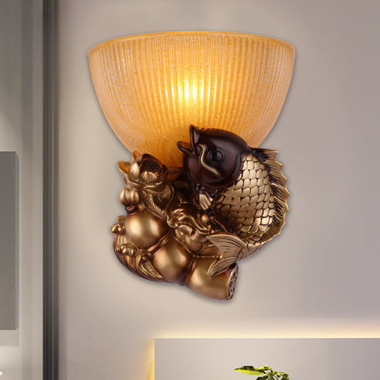 Rustic Amber Glass Bowl Bedside Wall Lamp - 1 Head Gold Lighting With Fish And Lotus Décor