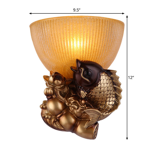 Rustic Amber Glass Bowl Bedside Wall Lamp - 1 Head Gold Lighting With Fish And Lotus Décor