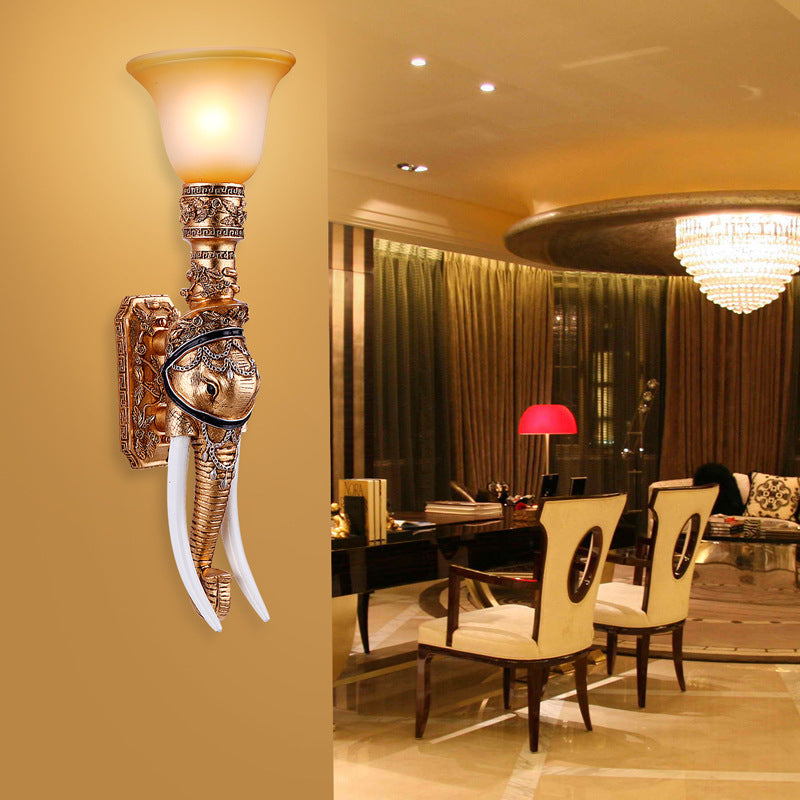 Elephant Head Wall Sconce Light - Gold Resin Traditional With Frosted Glass Shade