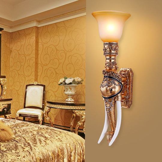 Elephant Head Wall Sconce Light - Gold Resin Traditional With Frosted Glass Shade