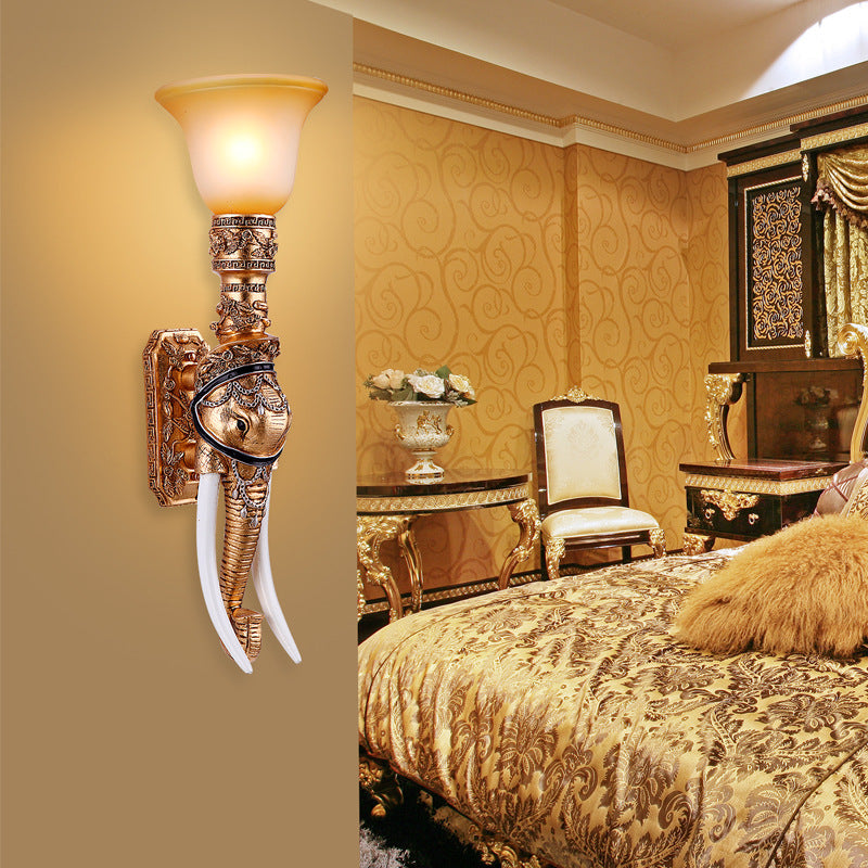 Elephant Head Wall Sconce Light - Gold Resin Traditional With Frosted Glass Shade