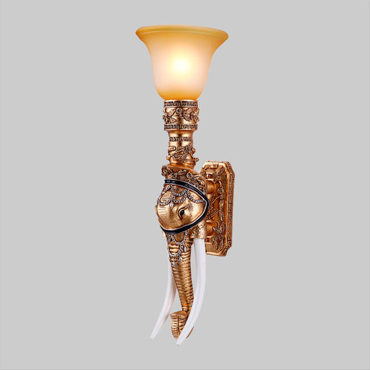 Elephant Head Wall Sconce Light - Gold Resin Traditional With Frosted Glass Shade