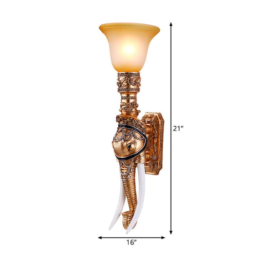 Elephant Head Wall Sconce Light - Gold Resin Traditional With Frosted Glass Shade