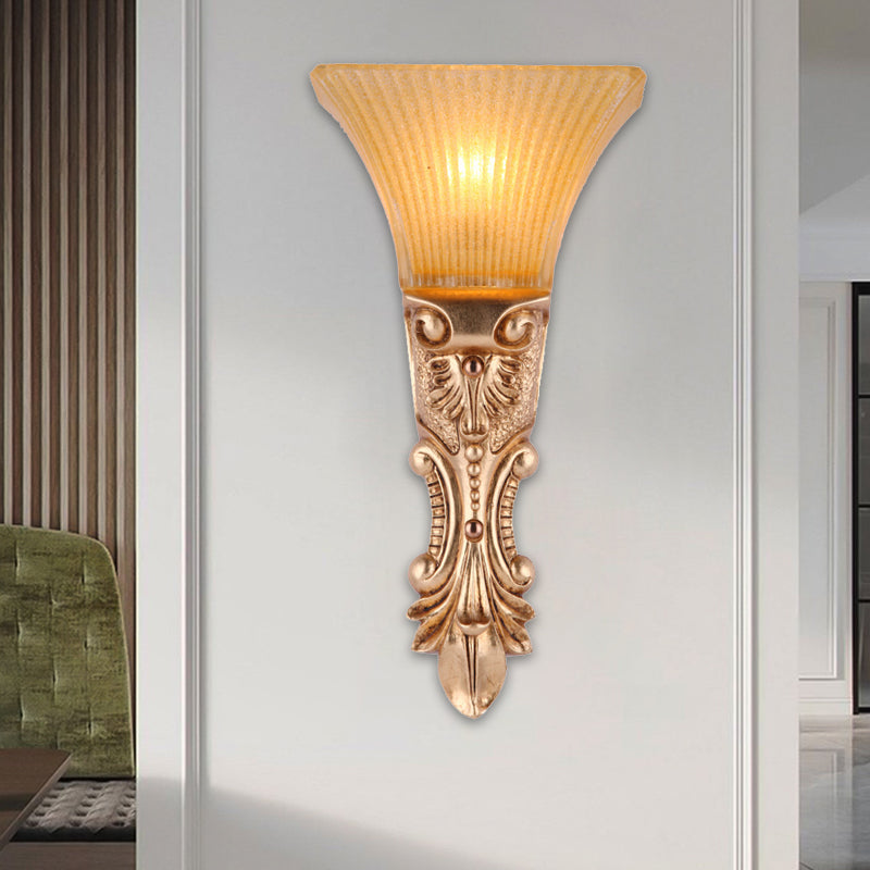 Amber Ribbed Glass Wall Sconce Single Head Antiqued Trapezoid Design In Gold