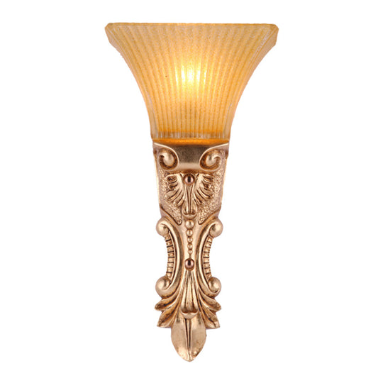 Amber Ribbed Glass Wall Sconce Single Head Antiqued Trapezoid Design In Gold