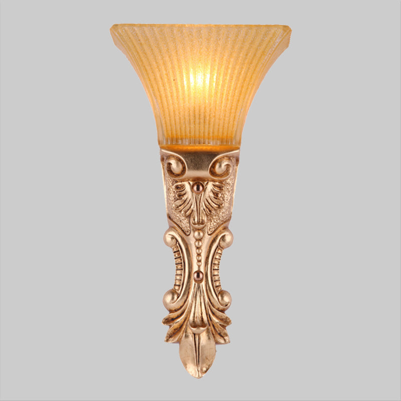 Amber Ribbed Glass Wall Sconce Single Head Antiqued Trapezoid Design In Gold