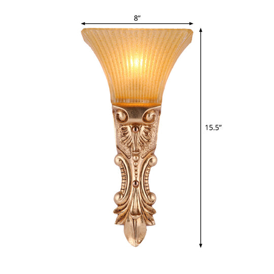 Amber Ribbed Glass Wall Sconce Single Head Antiqued Trapezoid Design In Gold