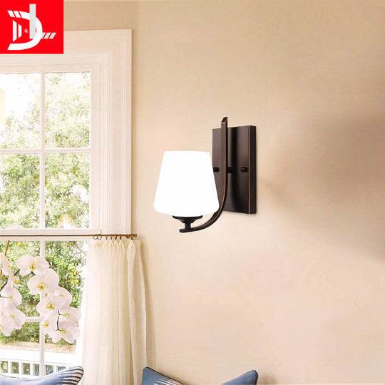 Retro Style Wall Sconce With Black Cup-Like Glass Shade Single Bulb And Metal Backplate