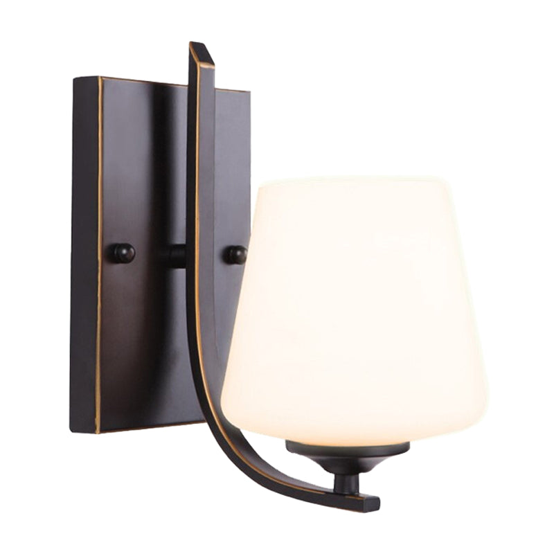 Retro Style Wall Sconce With Black Cup-Like Glass Shade Single Bulb And Metal Backplate