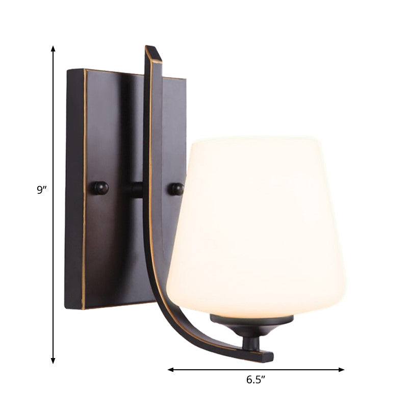 Retro Style Wall Sconce With Black Cup-Like Glass Shade Single Bulb And Metal Backplate