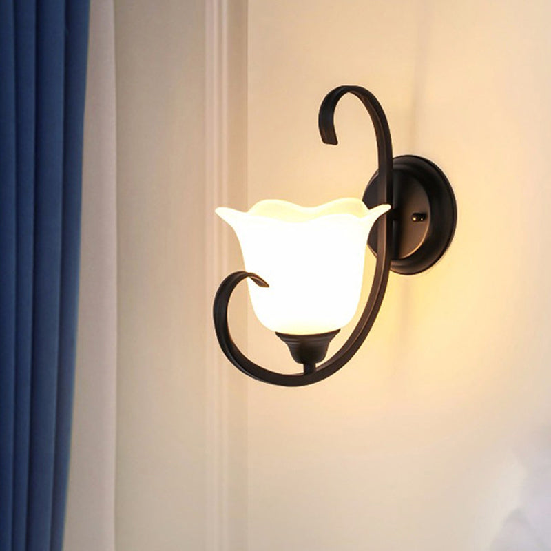 Milky Glass Wall Sconce With Floral Design And Scroll Arm For Elegant Country Decor