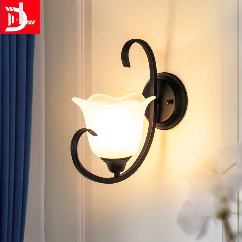 Milky Glass Wall Sconce With Floral Design And Scroll Arm For Elegant Country Decor Black