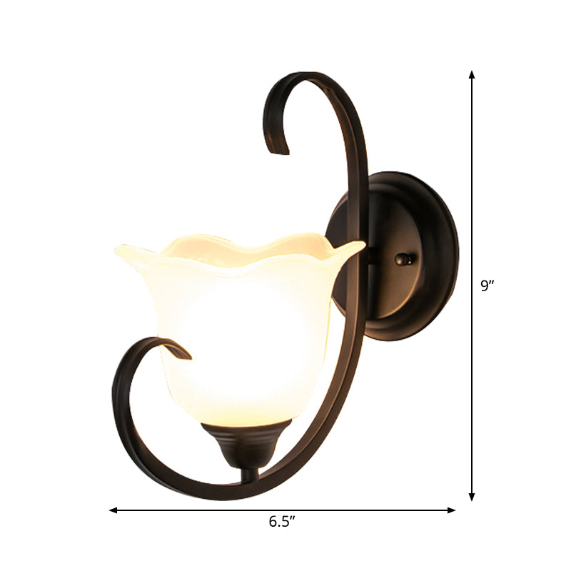 Milky Glass Wall Sconce With Floral Design And Scroll Arm For Elegant Country Decor