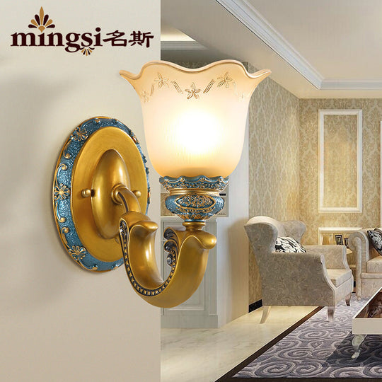 Gold Frosted Glass Wall Lamp With Printed Flower Design - 1-Bulb Mounted Lighting For Corridor