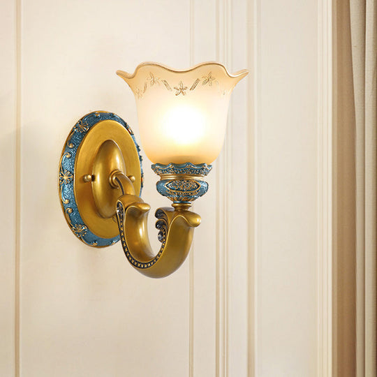 Gold Frosted Glass Wall Lamp With Printed Flower Design - 1-Bulb Mounted Lighting For Corridor