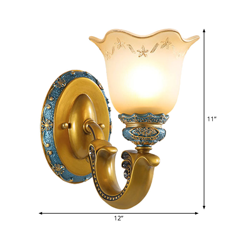 Gold Frosted Glass Wall Lamp With Printed Flower Design - 1-Bulb Mounted Lighting For Corridor