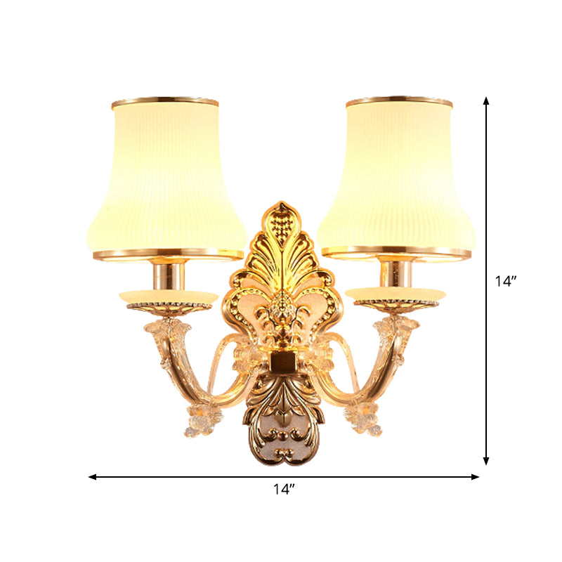 Rural Gold Glass Wall Sconce Light With Crystal Ball Droplet - 2 Heads Tapered Design