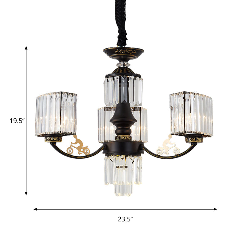 Modern Black Cuboid Chandelier with Clear Crystal Shades - 3/6 Heads Ceiling Light Fixture