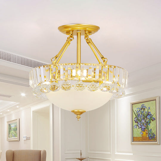 Modern Gold Dome Semi Flush Chandelier with 3 Frosted Glass Heads and Crystal Ball Decoration