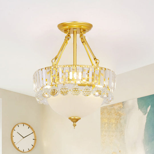 Modern Gold Dome Semi Flush Chandelier with 3 Frosted Glass Heads and Crystal Ball Decoration