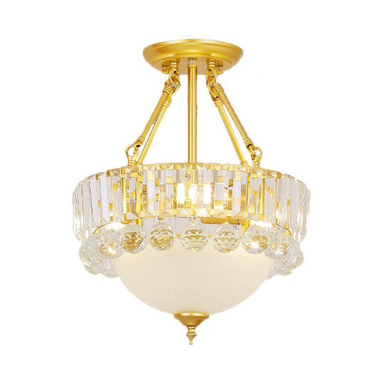 Modern Gold Dome Semi Flush Chandelier with 3 Frosted Glass Heads and Crystal Ball Decoration