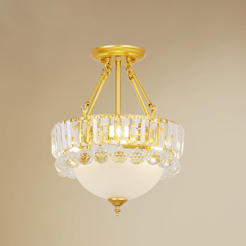 Modern Gold Dome Semi Flush Chandelier with 3 Frosted Glass Heads and Crystal Ball Decoration