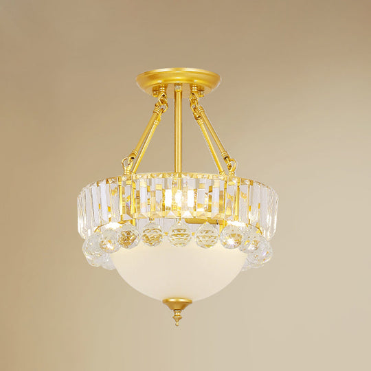 Modern Gold Dome Semi Flush Chandelier with 3 Frosted Glass Heads and Crystal Ball Decoration