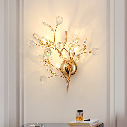 Modern Gold Beveled Crystal Wall Light With Branch Design - 2/3 Heads Mounted Fixture