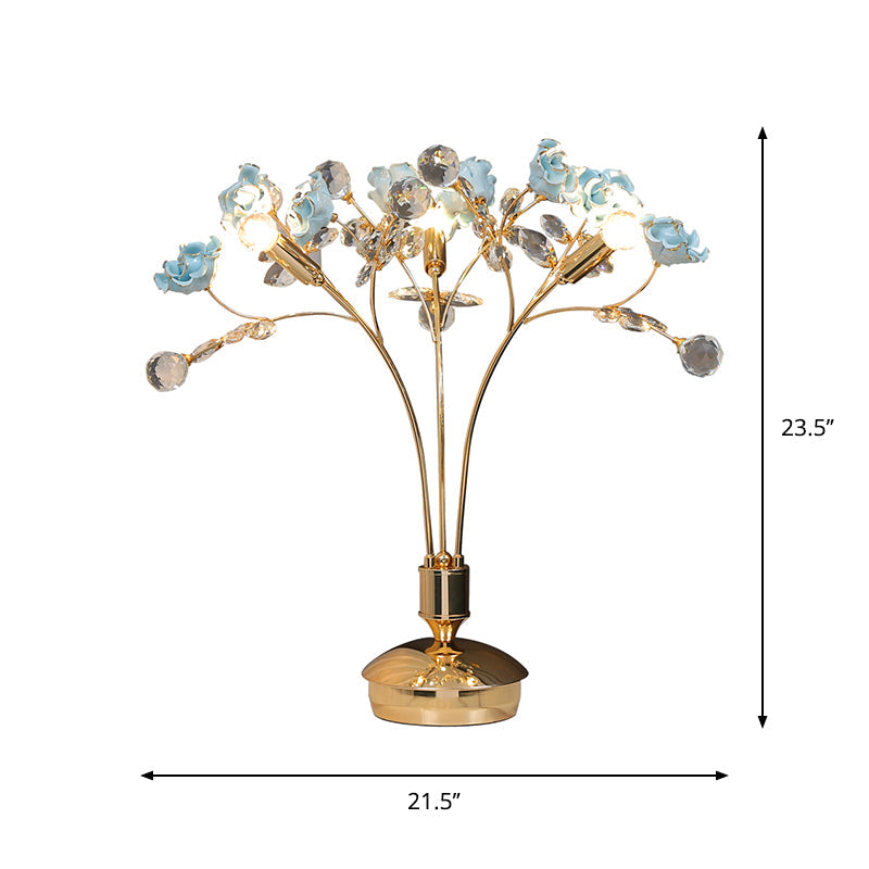 Gold Ball Desk Lamp With Crystal Faceted Shade And Ceramic Flower Design - Modern Nightstand Light