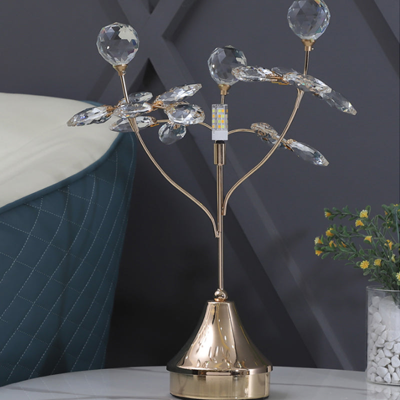 Modern Gold Table Lamp With Faceted Crystal Ball And Leaf Accent - Single Head Night Light