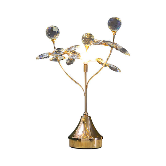 Modern Gold Table Lamp With Faceted Crystal Ball And Leaf Accent - Single Head Night Light