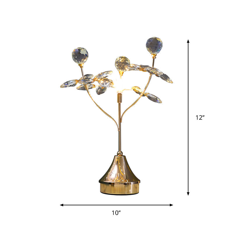 Modern Gold Table Lamp With Faceted Crystal Ball And Leaf Accent - Single Head Night Light