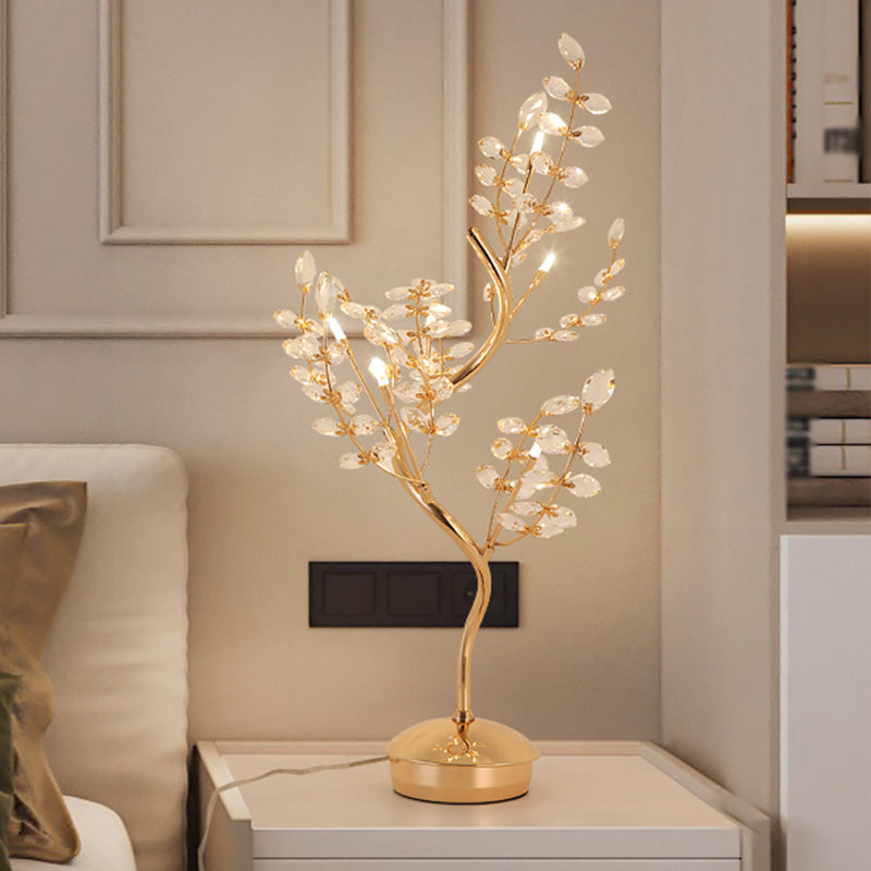 Leaf Sleeping Room Desk Light- Gold Tree Design- 6-Bulb Night Lamp With Cut Crystal- Contemporary