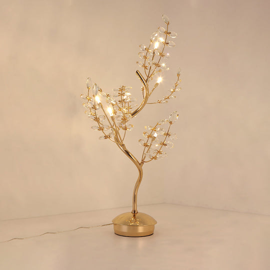 Leaf Sleeping Room Desk Light- Gold Tree Design- 6-Bulb Night Lamp With Cut Crystal- Contemporary